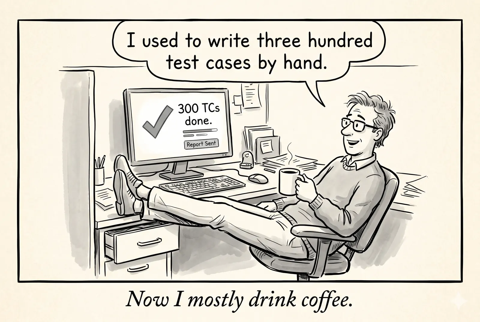 Cartoon: A QA engineer drinking coffee while a computer displays 300 completed test cases
