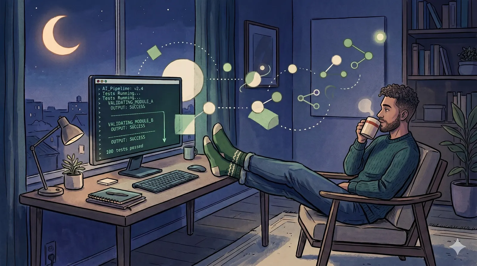 A QA engineer at a desk under moonlight, watching a pipeline run on a glowing monitor