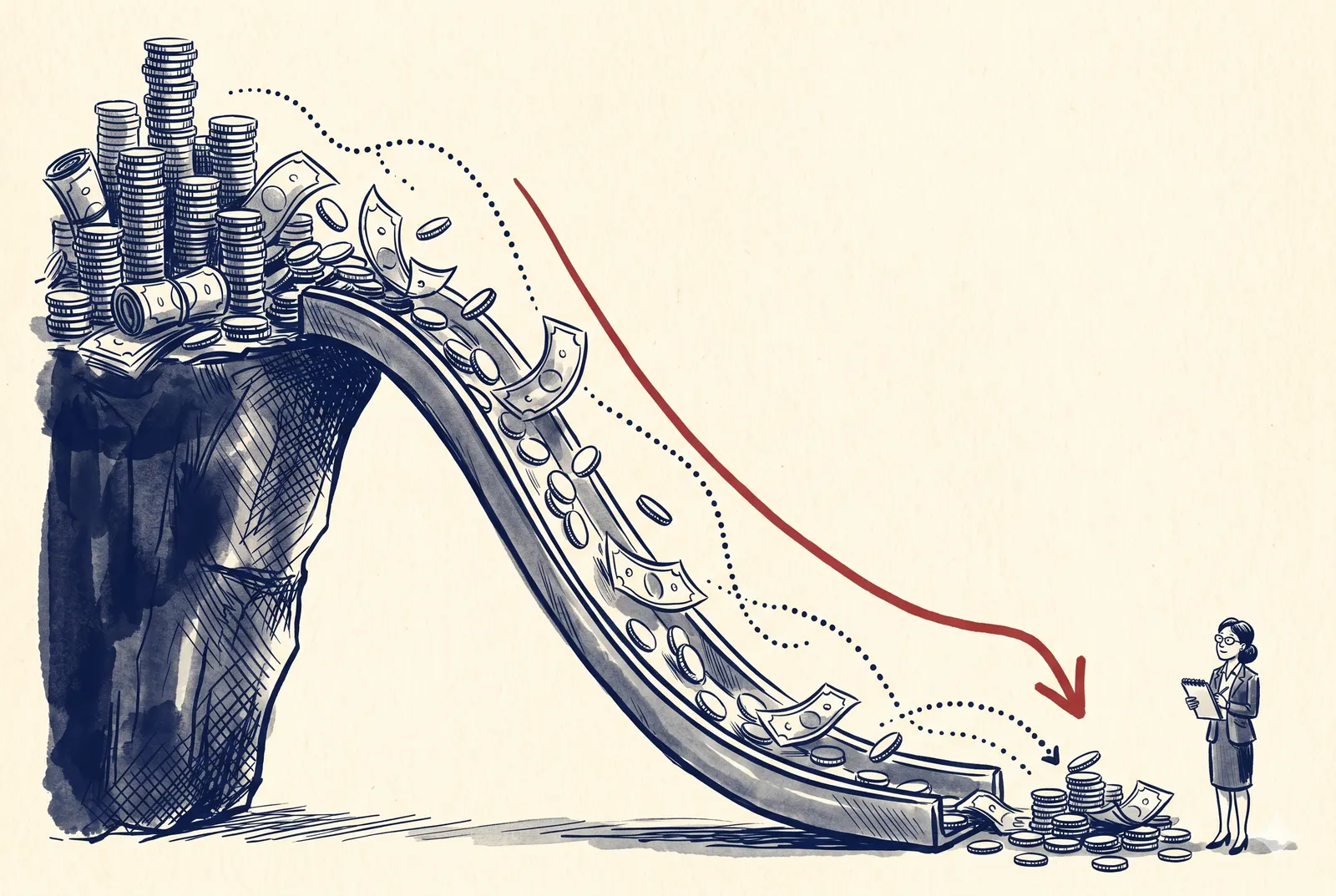 A descending curve made of stacked coins flowing down to a much smaller pile, tracked by a small QA engineer