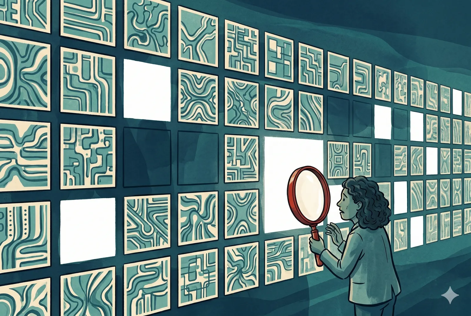 A grid of test case panels with several blank gaps, examined by an inspector with a magnifying glass