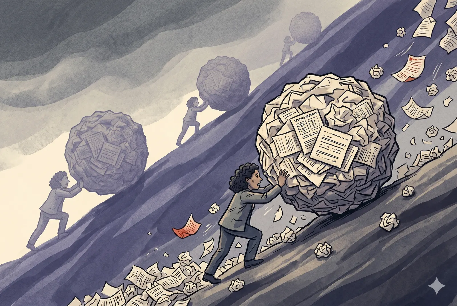 A QA engineer pushing a giant boulder of crumpled papers up a hill, Sisyphus style, repeated in the background