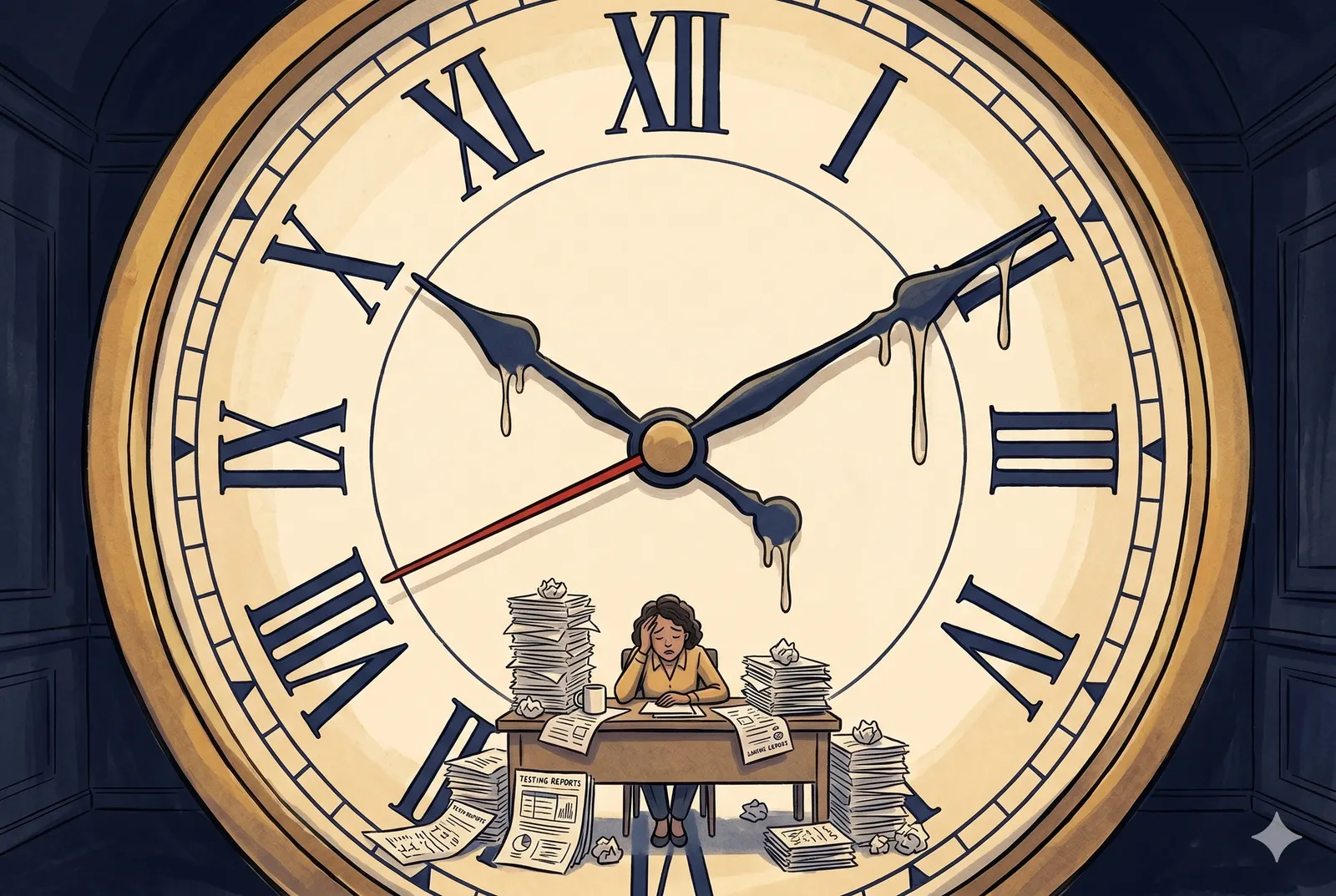 A small QA engineer dwarfed by a giant melting clock, surrounded by stacks of paper